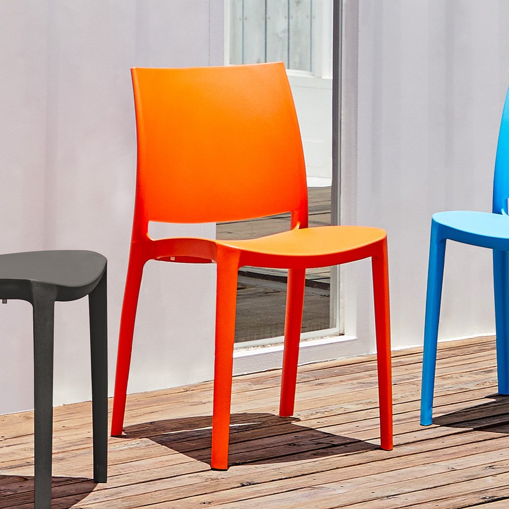 Set of Four Orange Heavy Duty Plastic Outdoor Stacking Dining Chairs HomeRoots