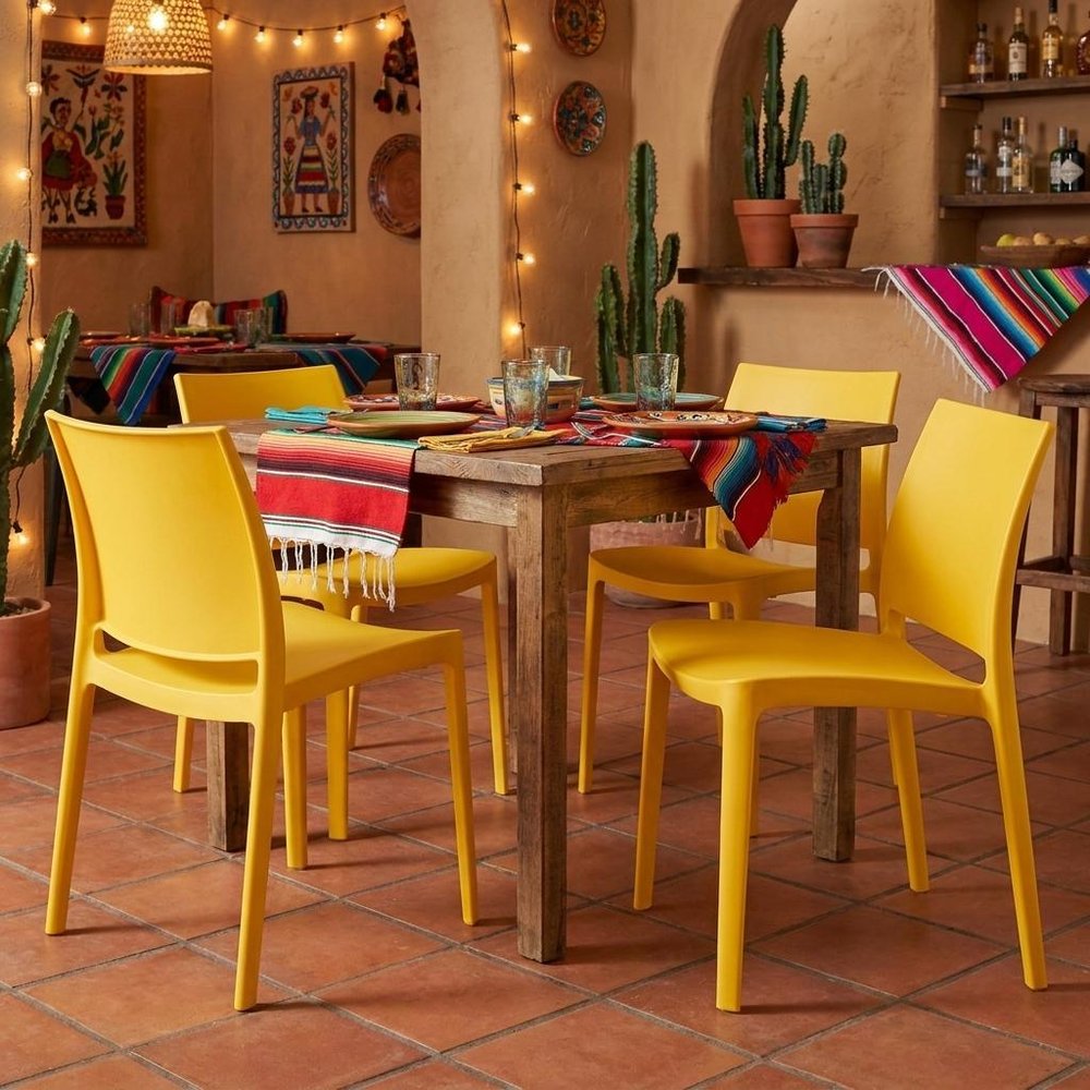 Set of Four Gold Heavy Duty Plastic Outdoor Stacking Dining Chairs HomeRoots