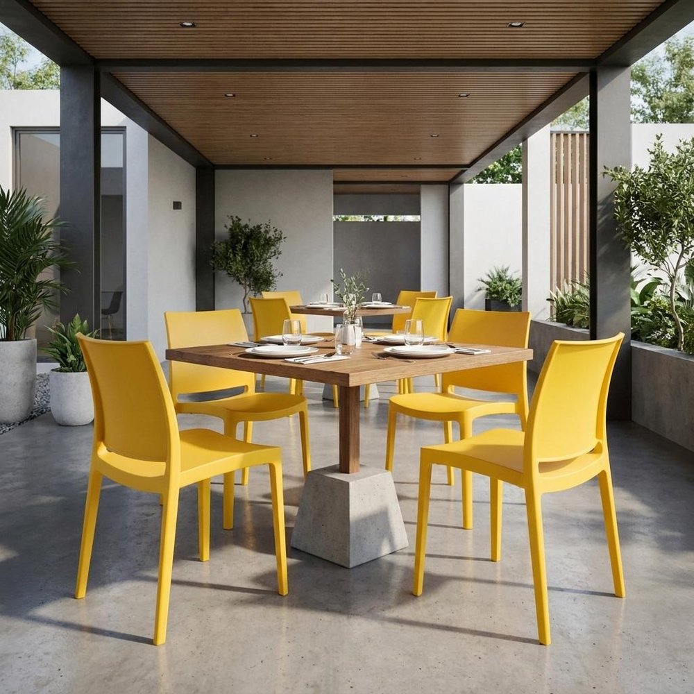 Set of Four Gold Heavy Duty Plastic Outdoor Stacking Dining Chairs HomeRoots