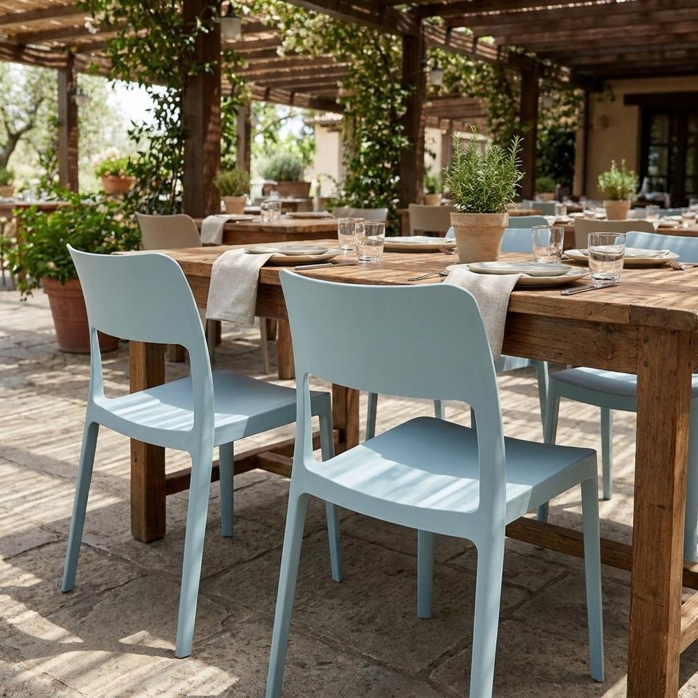 Set of Two Baby Blue Heavy Duty Plastic Outdoor Stacking Accent Chairs — view 7