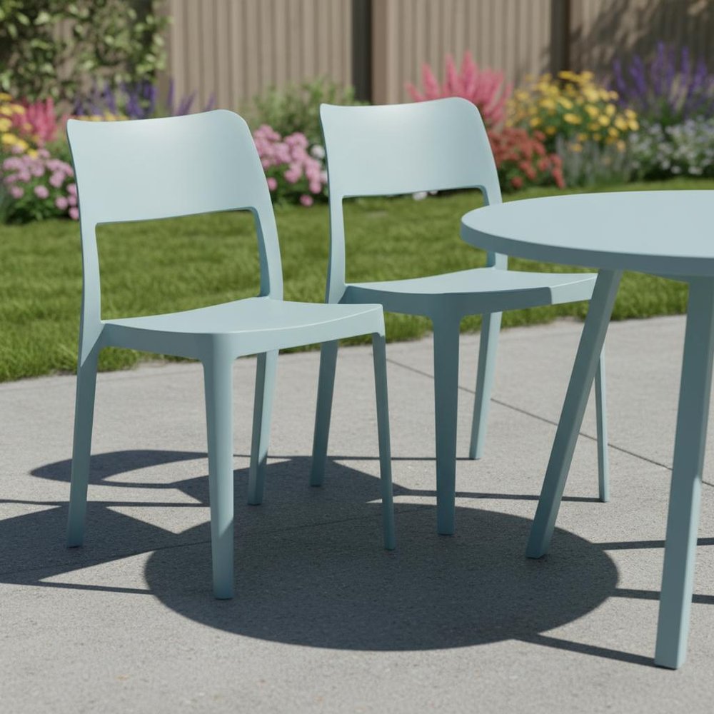 Set of Two Baby Blue Heavy Duty Plastic Outdoor Stacking Accent Chairs — view 6
