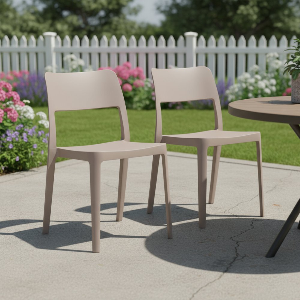 Set of Two Taupe Heavy Duty Plastic Outdoor Stacking Accent Chairs HomeRoots