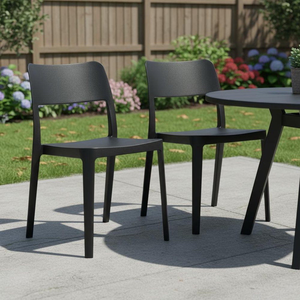 Set of Two Black Heavy Duty Plastic Outdoor Stacking Accent Chairs HomeRoots