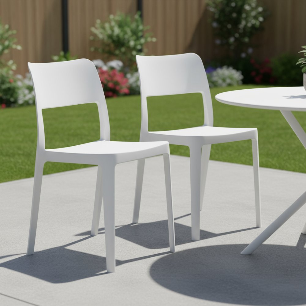 Set of Two White Heavy Duty Plastic Outdoor Stacking Accent Chairs HomeRoots