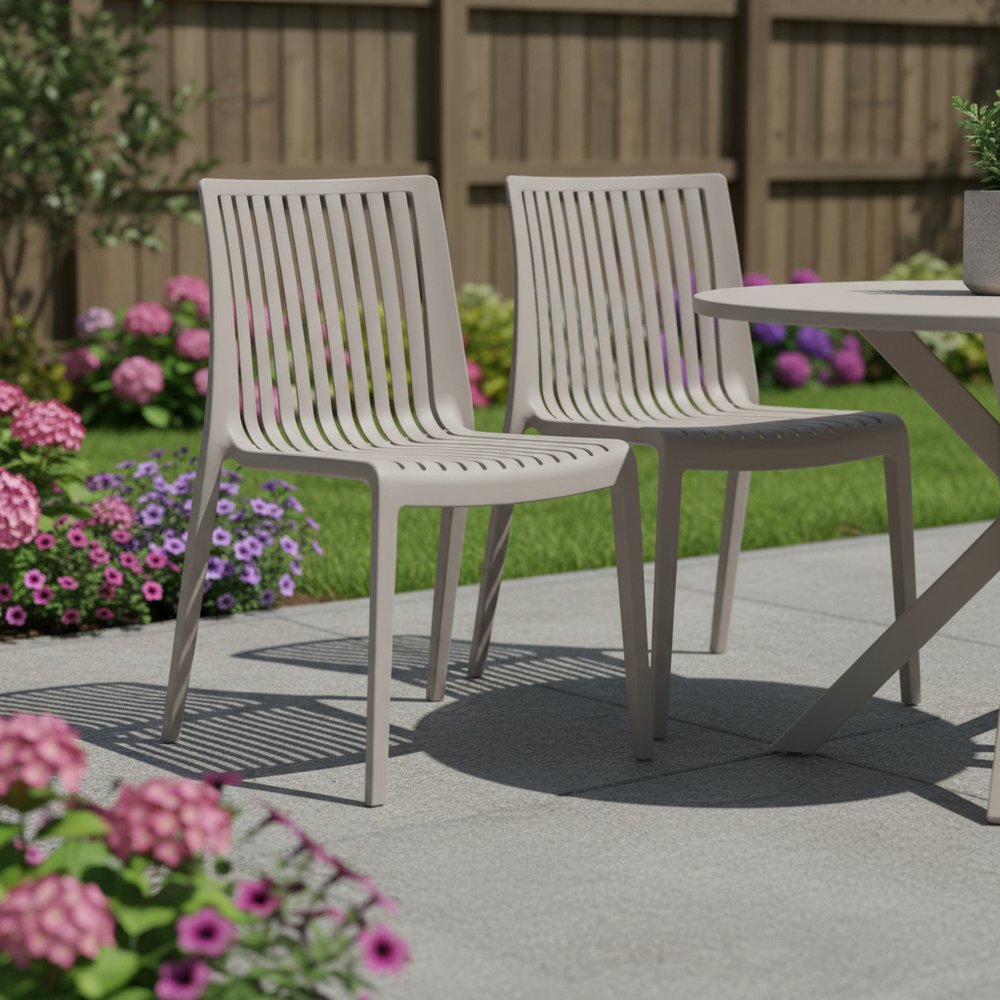 Set of Two Taupe Heavy Duty Plastic Outdoor Stacking Accent Chairs HomeRoots