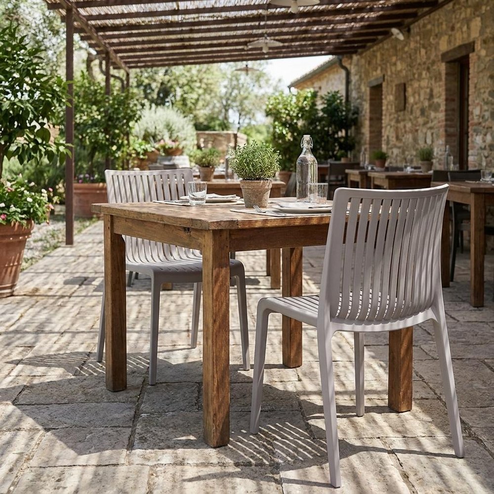 Set of Two Taupe Heavy Duty Plastic Outdoor Stacking Dining Chairs HomeRoots