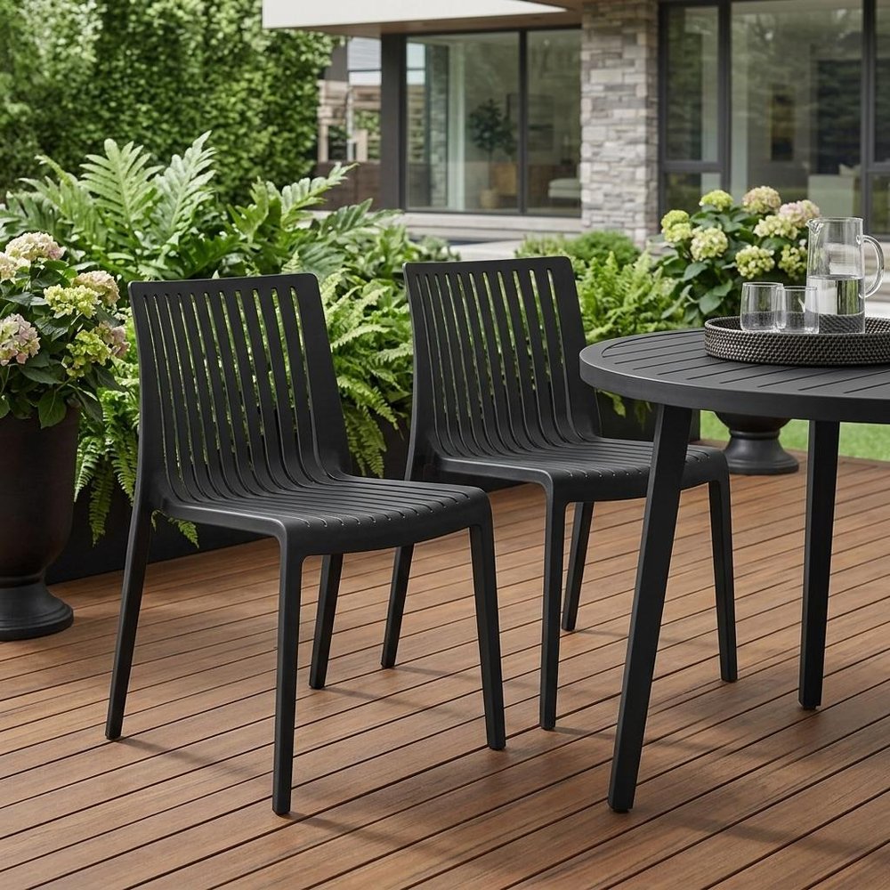 Set of Two Black Heavy Duty Plastic Outdoor Stacking Accent Chairs HomeRoots