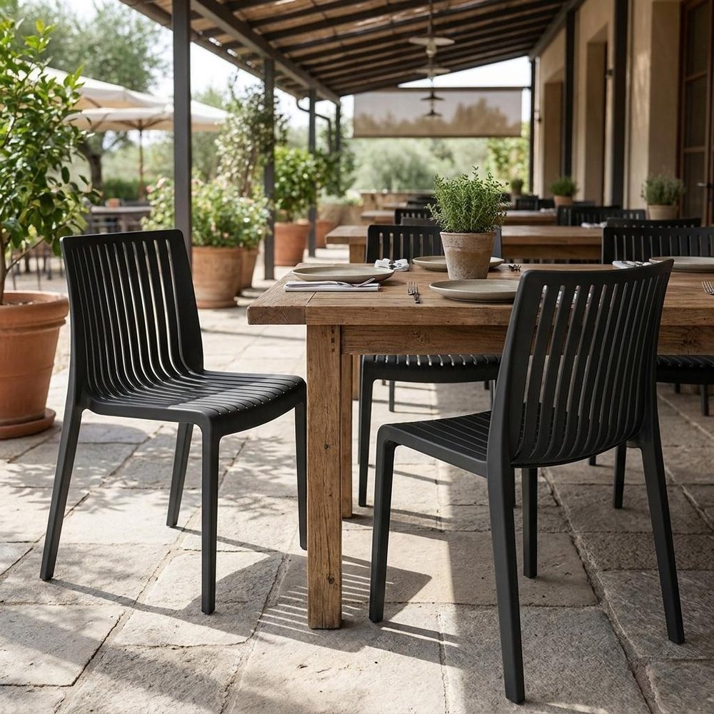 Set of Two Taupe Heavy Duty Plastic Outdoor Stacking Dining Chairs HomeRoots
