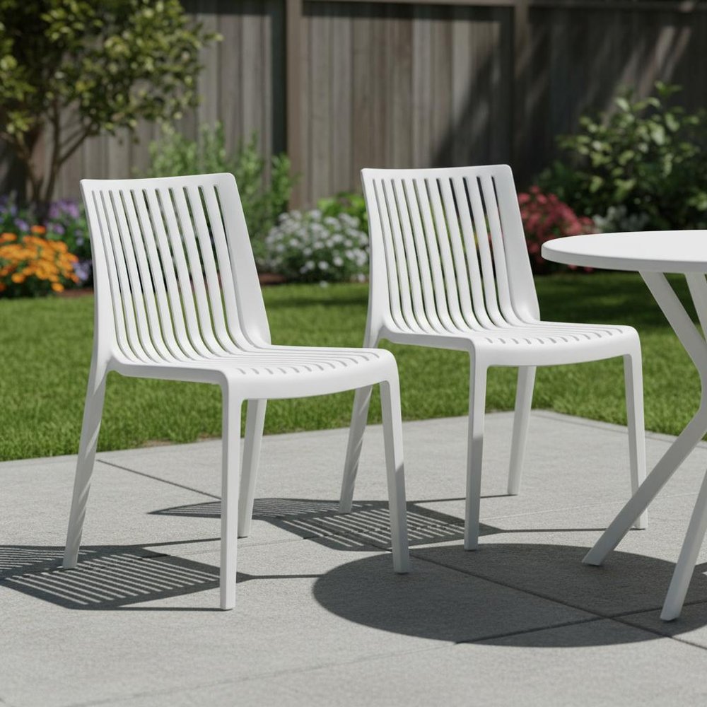 Set of Two White Heavy Duty Plastic Outdoor Stacking Accent Chairs HomeRoots