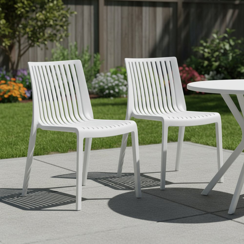 Set of Two White Heavy Duty Plastic Outdoor Stacking Accent Chairs HomeRoots