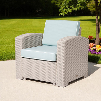 33" Gray Heavy Duty Plastic Outdoor Club Chair With Blue Cushion HomeRoots