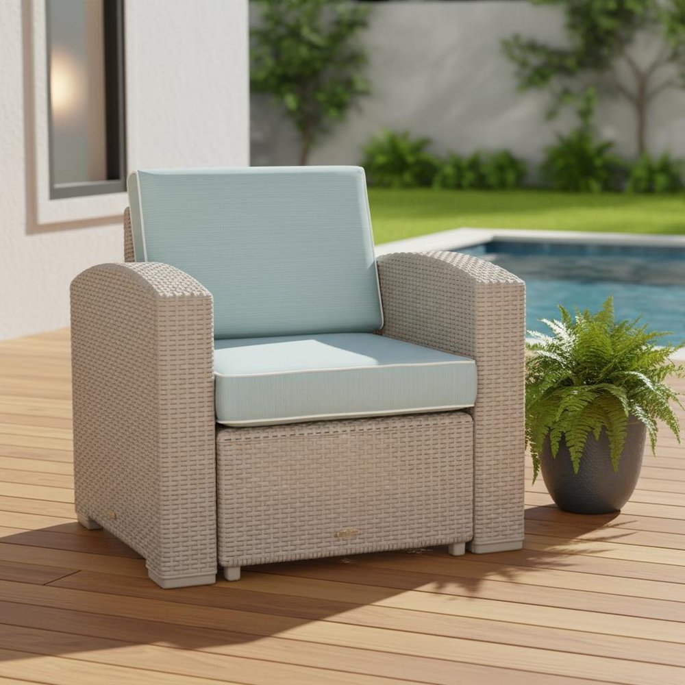 33" Gray Heavy Duty Plastic Outdoor Club Chair With Blue Cushion HomeRoots