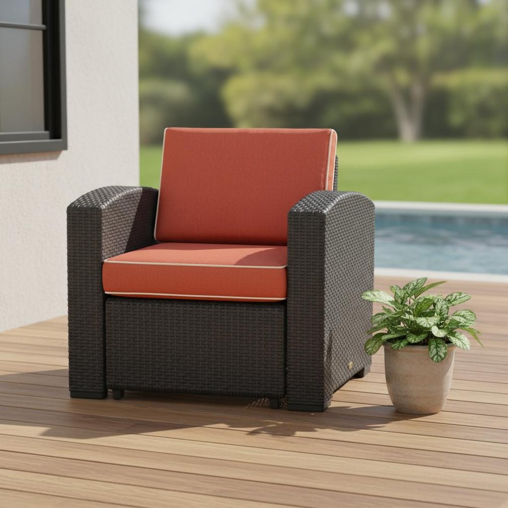 33" Black Heavy Duty Plastic Outdoor Club Chair With Red Cushion — view 6