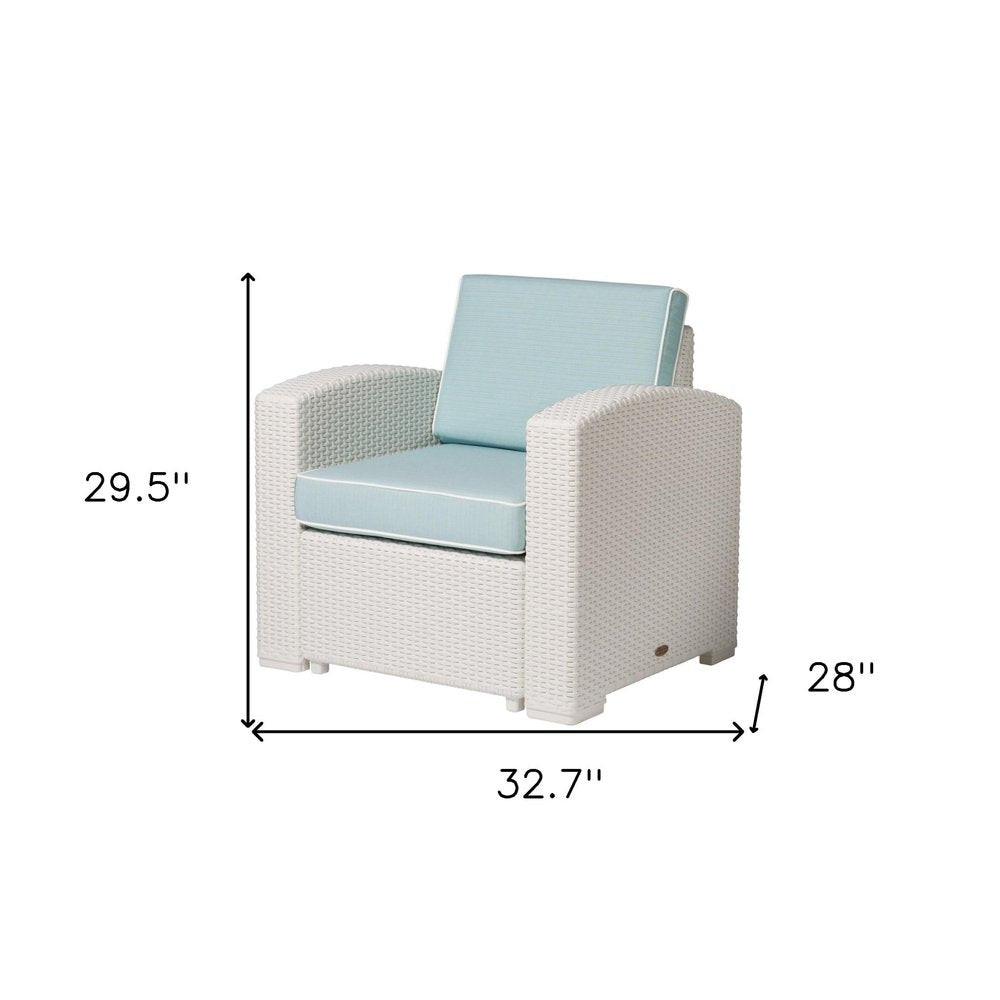 33" White Heavy Duty Plastic Outdoor Club Chair With Aqua Blue Cushion HomeRoots