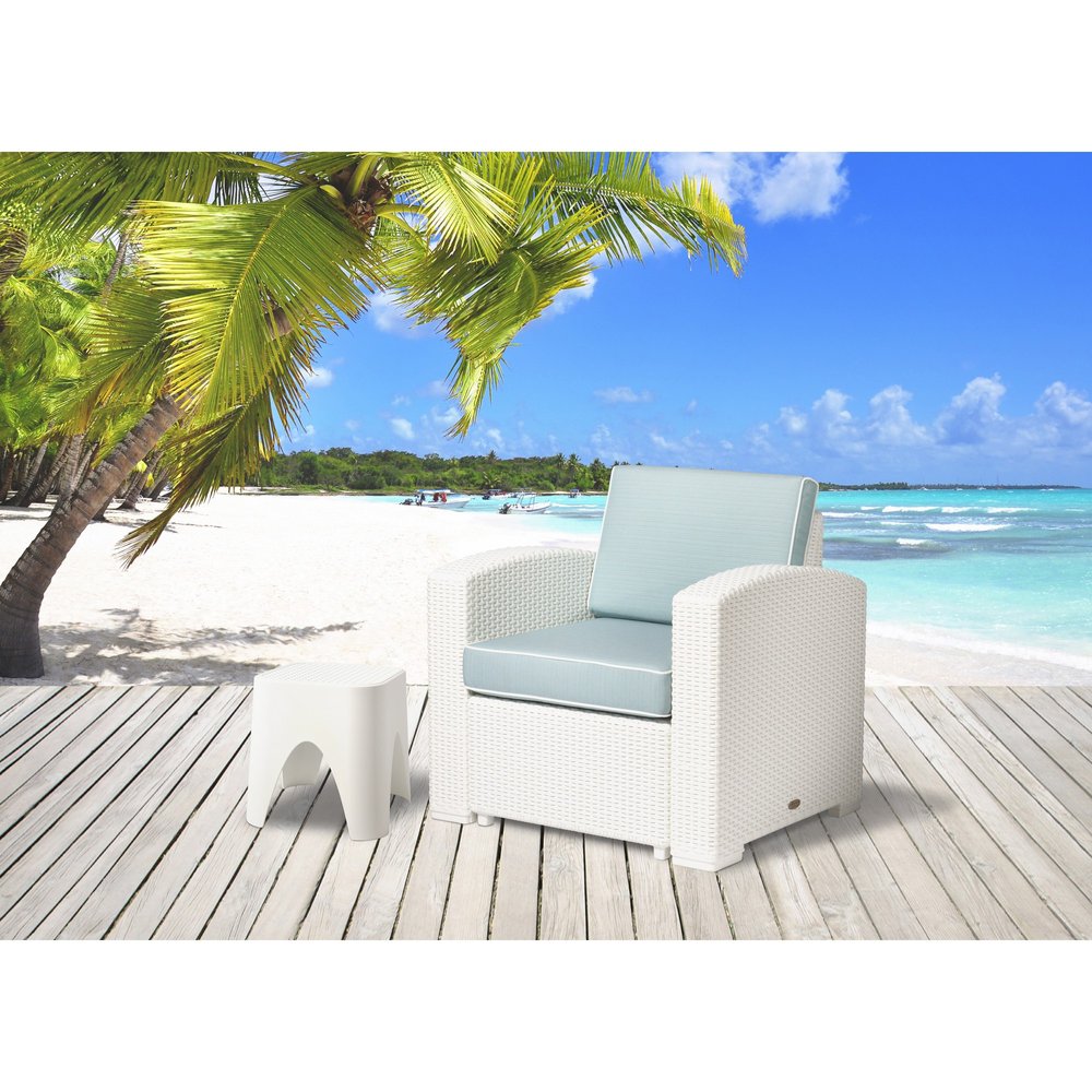 33" White Heavy Duty Plastic Outdoor Club Chair With Aqua Blue Cushion HomeRoots