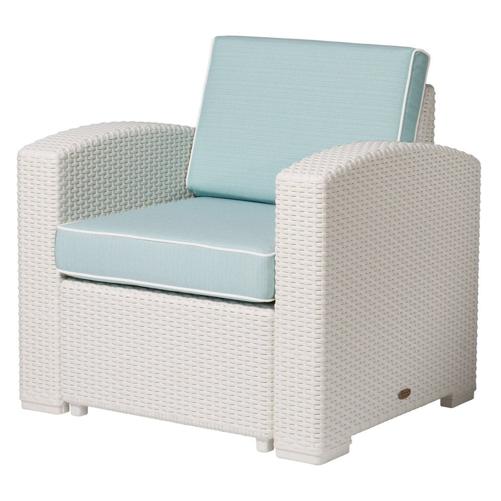 33" White Heavy Duty Plastic Outdoor Club Chair With Aqua Blue Cushion HomeRoots