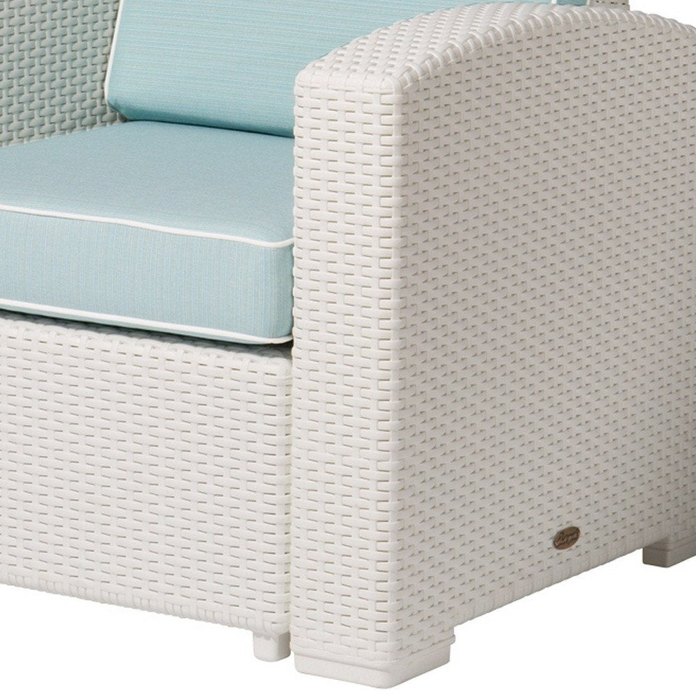 33" White Heavy Duty Plastic Outdoor Club Chair With Aqua Blue Cushion HomeRoots
