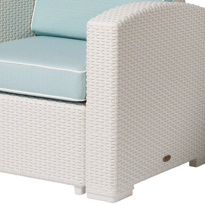 33" White Heavy Duty Plastic Outdoor Club Chair With Aqua Blue Cushion HomeRoots