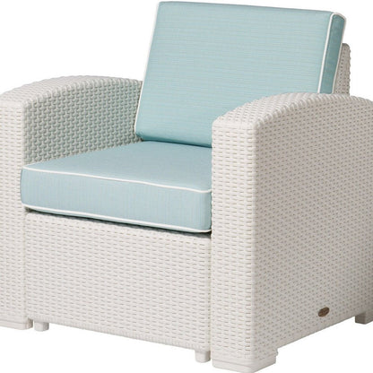 33" White Heavy Duty Plastic Outdoor Club Chair With Aqua Blue Cushion HomeRoots