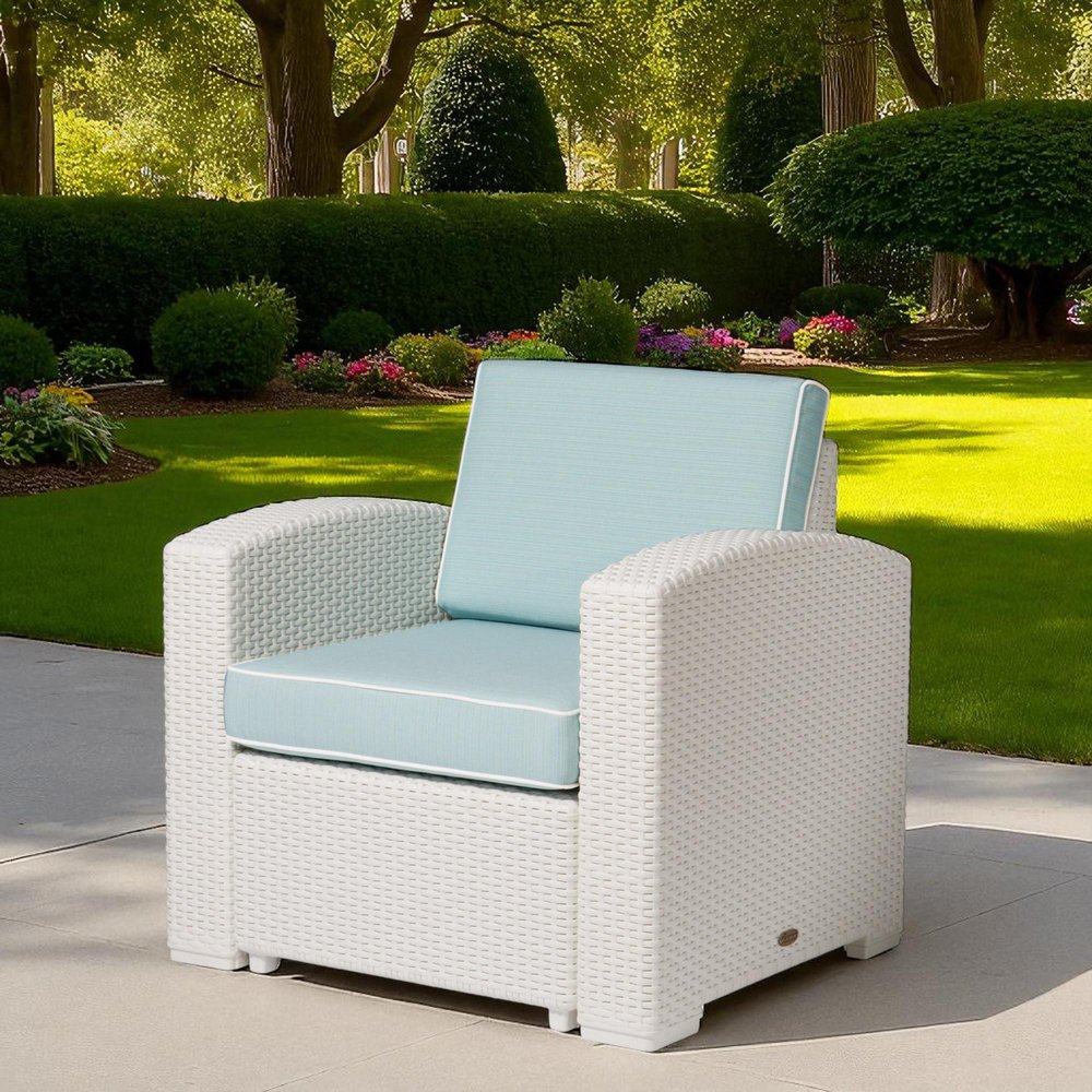 33" White Heavy Duty Plastic Outdoor Club Chair With Aqua Blue Cushion HomeRoots