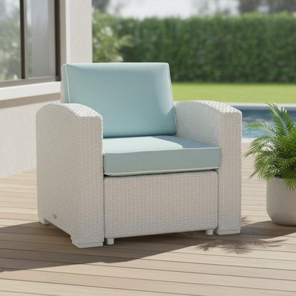 33" White Heavy Duty Plastic Outdoor Club Chair With Aqua Blue Cushion HomeRoots