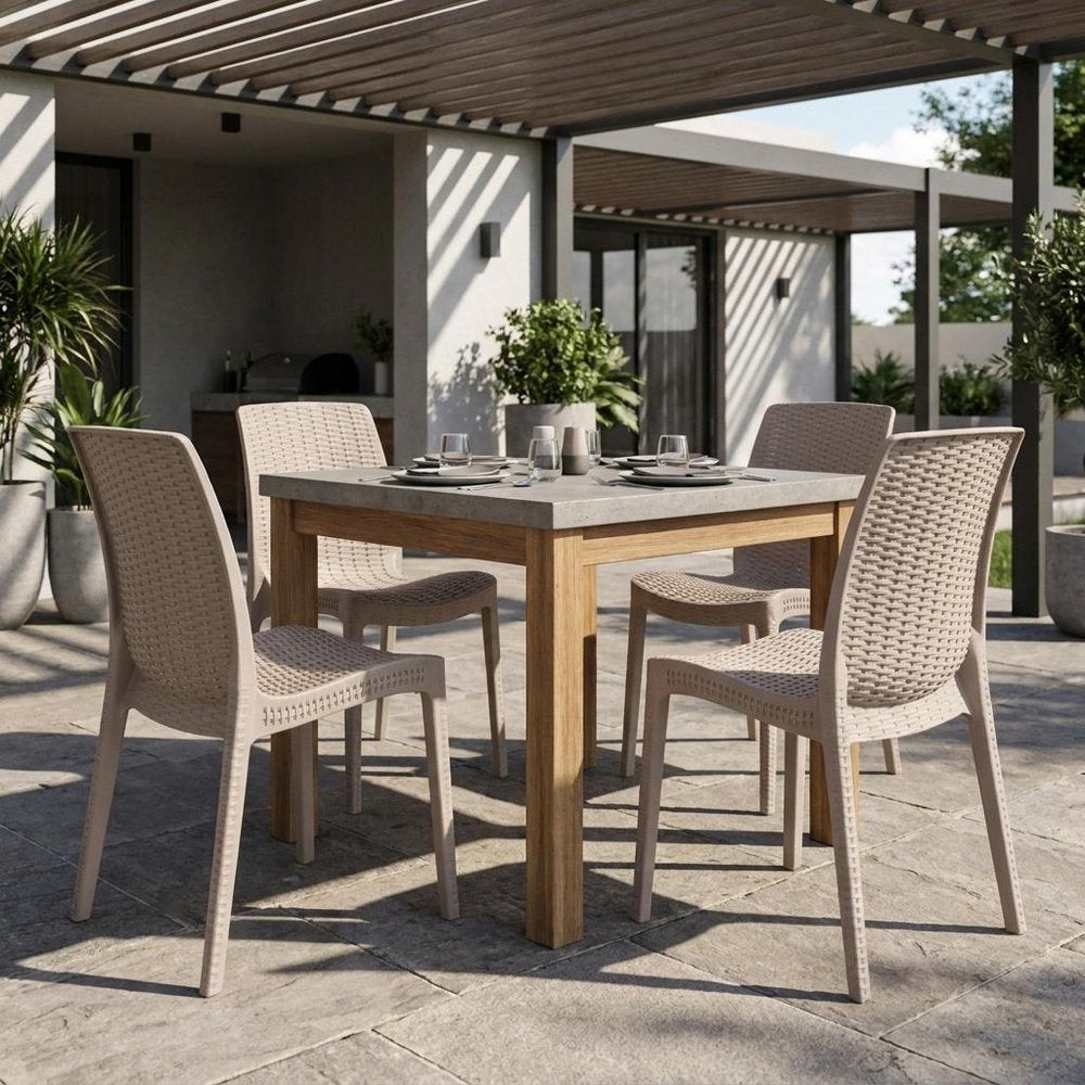 Set of Four Taupe Heavy Duty Plastic Outdoor Stacking Dining Chairs HomeRoots