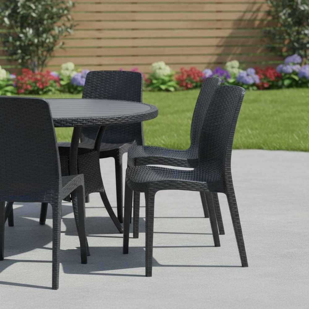 Set of Four Black Heavy Duty Plastic Outdoor Stacking Dining Chairs HomeRoots