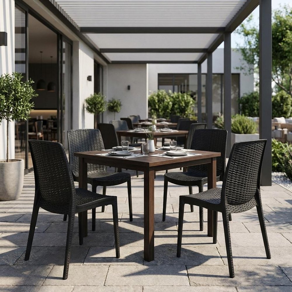 Set of Four Black Heavy Duty Plastic Outdoor Stacking Dining Chairs HomeRoots