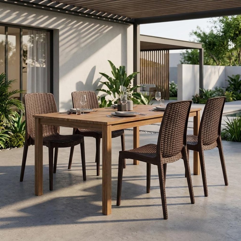 Set of Four Brown Heavy Duty Plastic Outdoor Stacking Dining Chairs — view 7