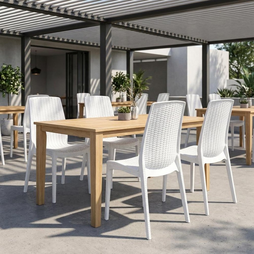 Set of Four White Heavy Duty Plastic Outdoor Stacking Dining Chairs HomeRoots