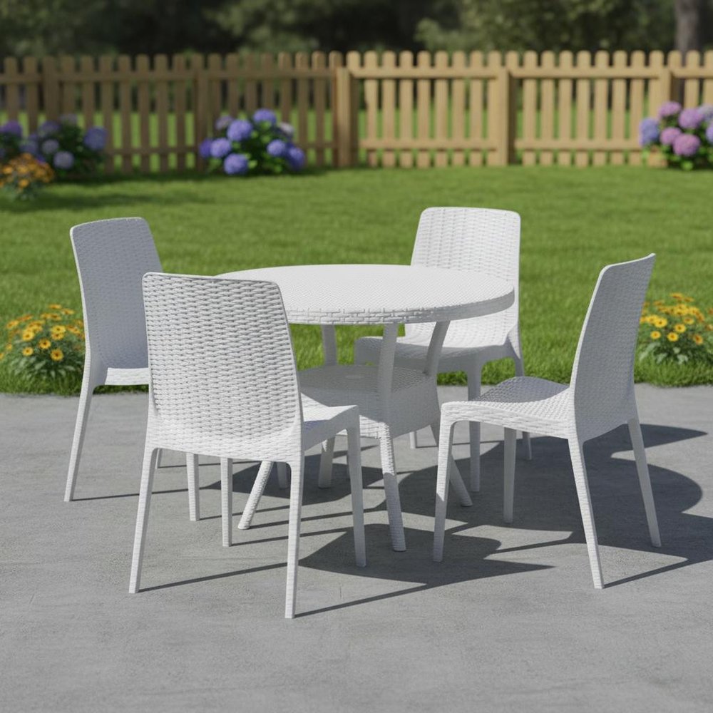 Set of Four White Heavy Duty Plastic Outdoor Stacking Dining Chairs HomeRoots