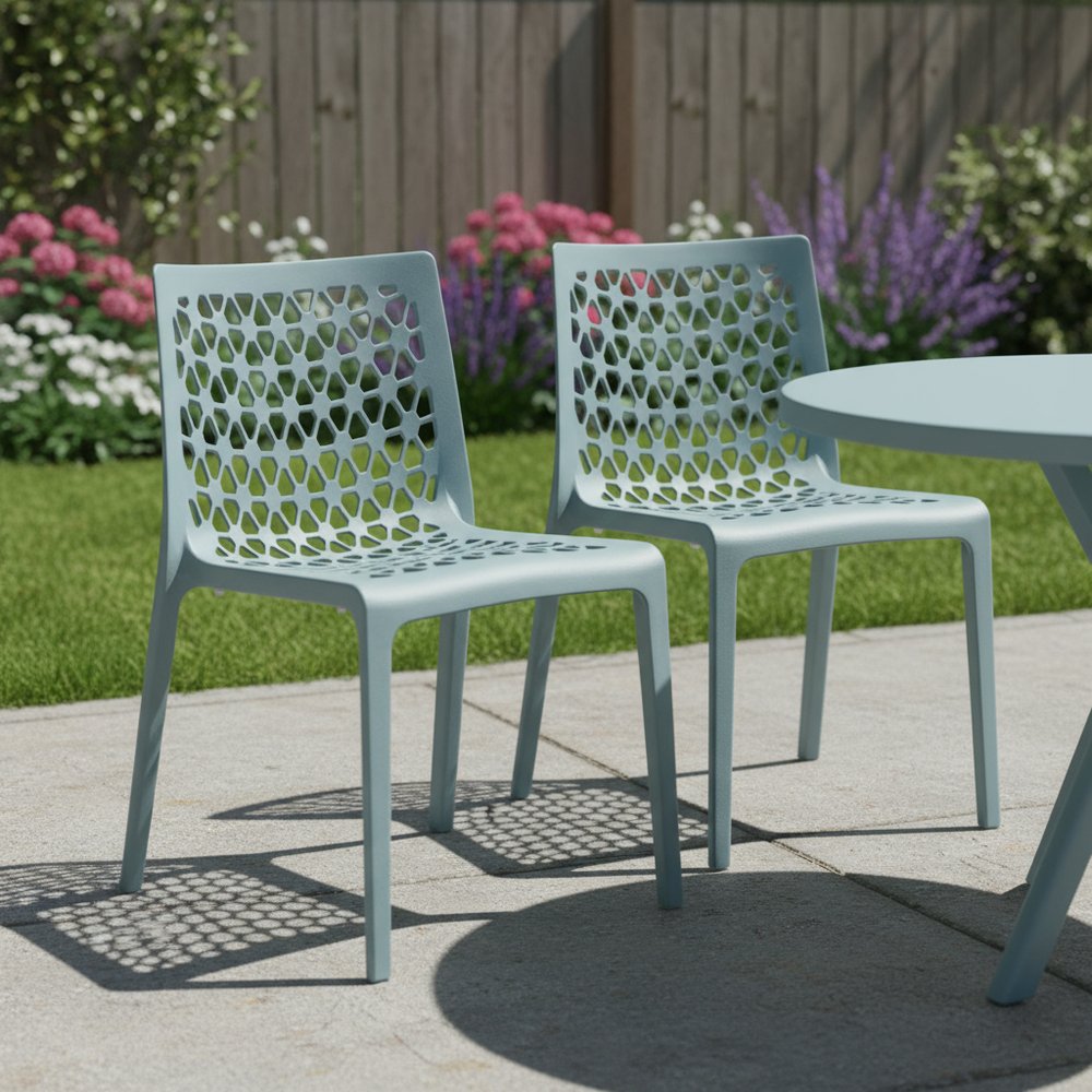 Set of Two Baby Blue Heavy Duty Plastic Outdoor Stacking Dining Chairs HomeRoots