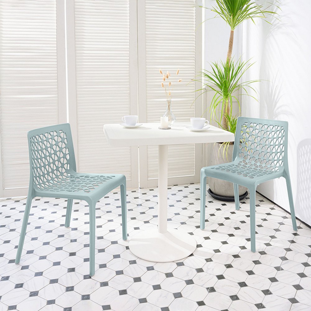 Set of Two Baby Blue Heavy Duty Plastic Outdoor Stacking Dining Chairs HomeRoots