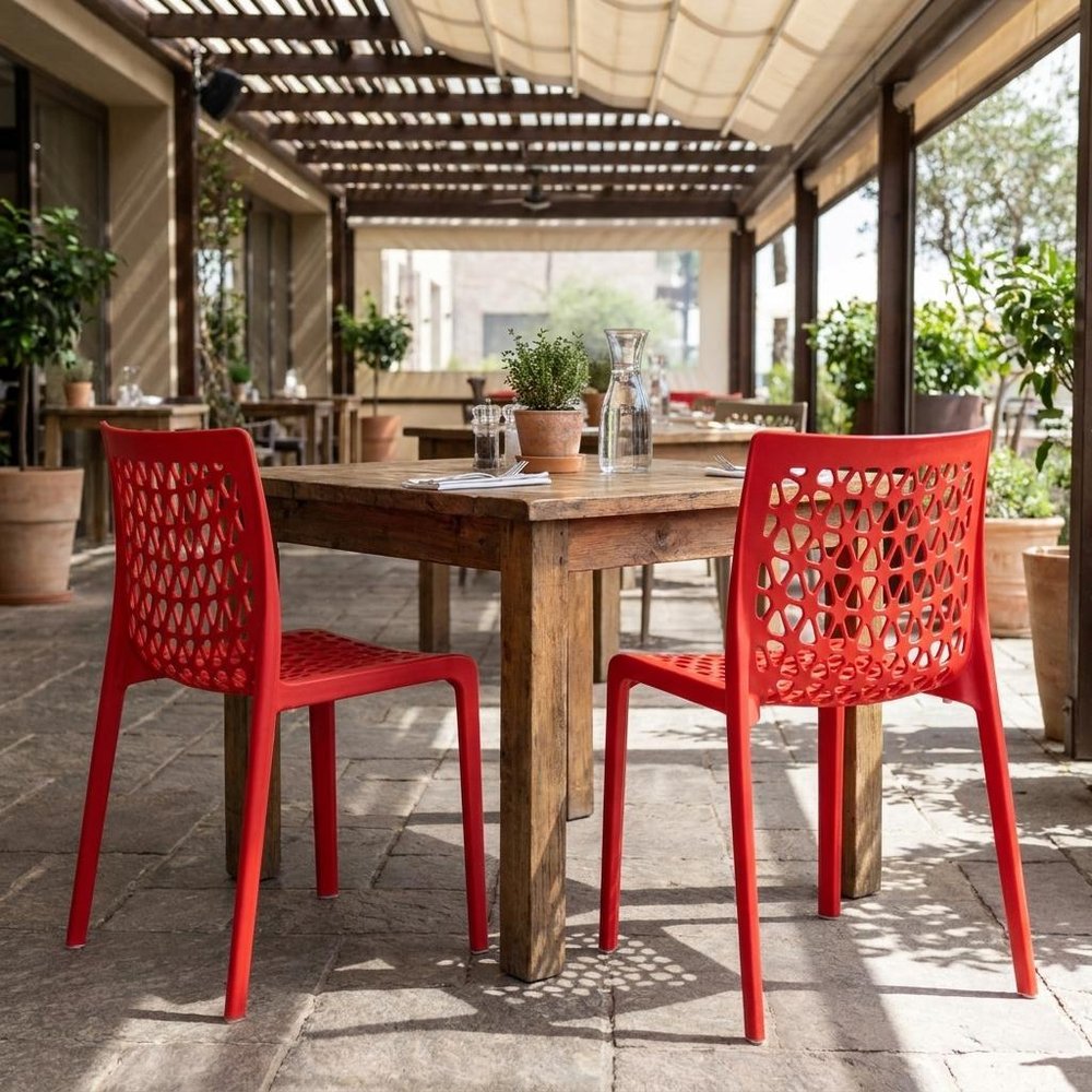 Set of Two Red Heavy Duty Plastic Outdoor Stacking Dining Chairs HomeRoots