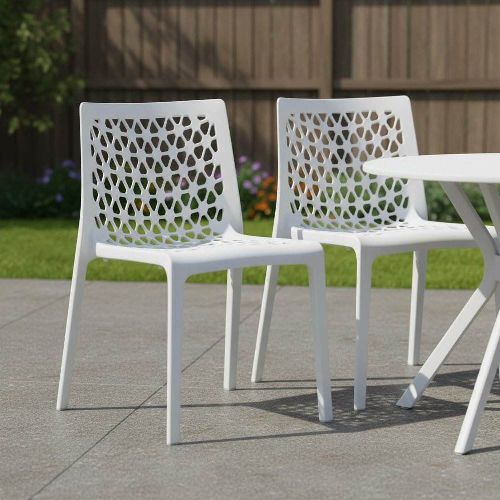 Set of Two White Heavy Duty Plastic Outdoor Stacking Dining Chairs HomeRoots