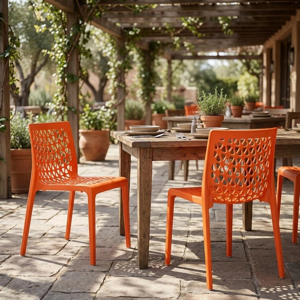 Set of Two Orange Heavy Duty Plastic Outdoor Stacking Dining Chairs — view 7