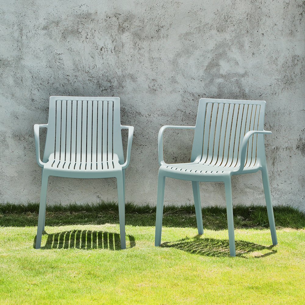 Set of Two Baby Blue Heavy Duty Plastic Outdoor Stacking Arm Chairs HomeRoots