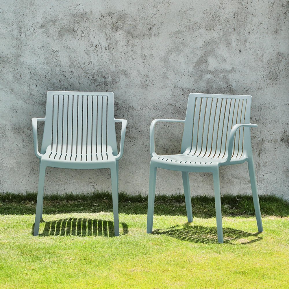Set of Two Baby Blue Heavy Duty Plastic Outdoor Stacking Arm Chairs HomeRoots