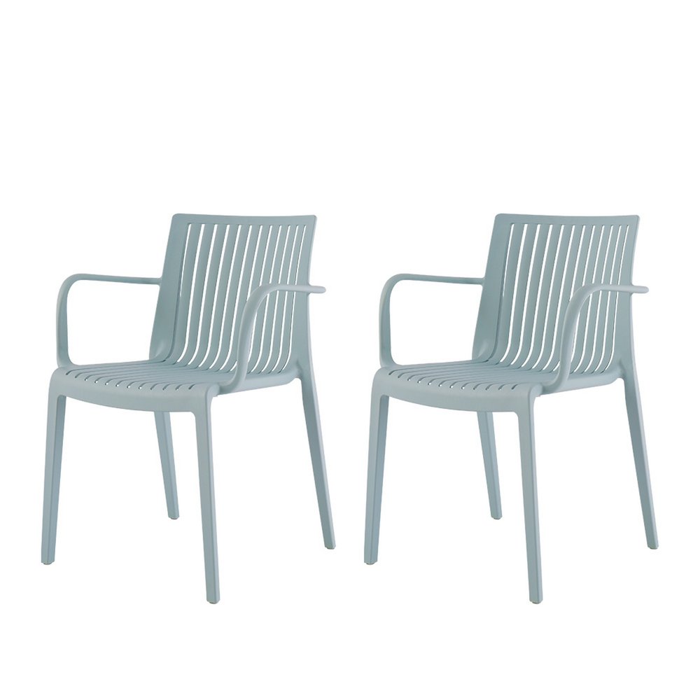 Set of Two Baby Blue Heavy Duty Plastic Outdoor Stacking Arm Chairs — view 2