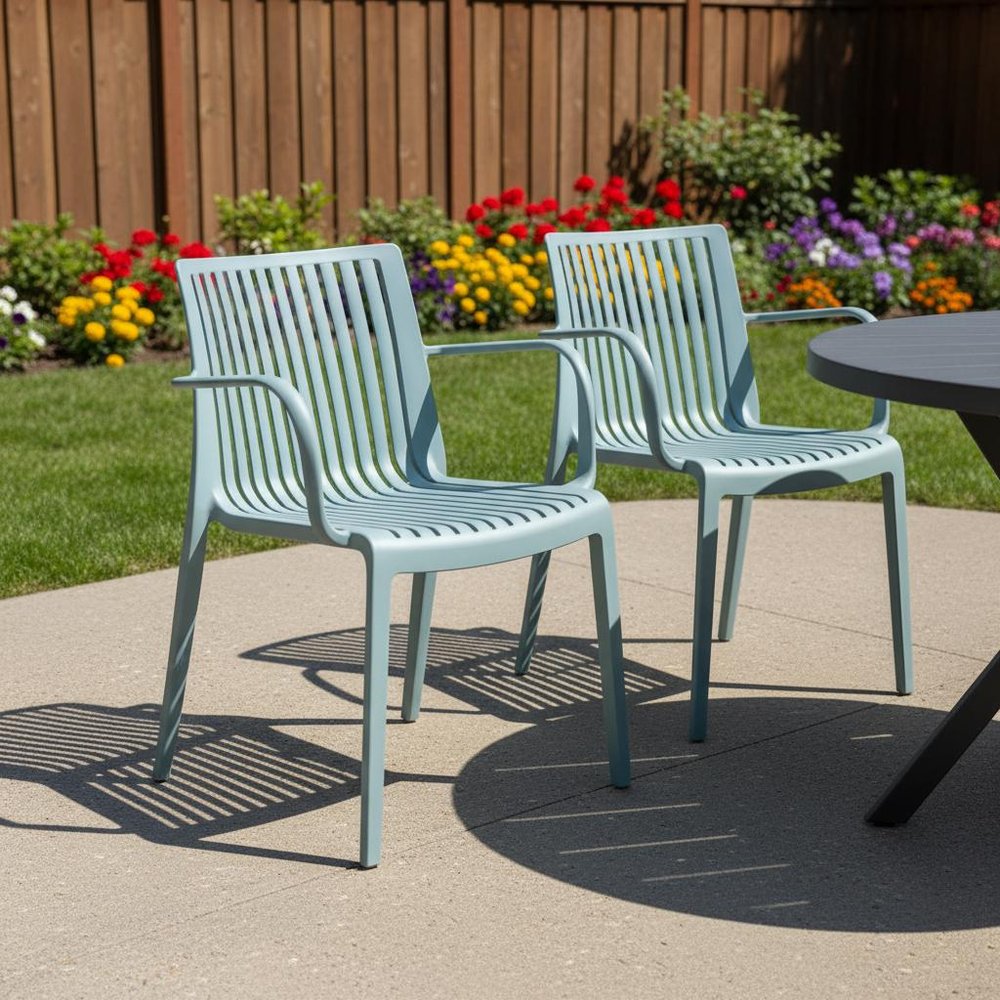 Set of Two Baby Blue Heavy Duty Plastic Outdoor Stacking Arm Chairs — view 7