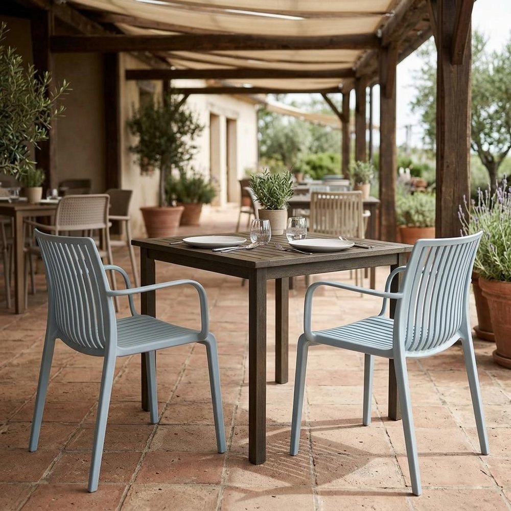 Set of Two Baby Blue Heavy Duty Plastic Outdoor Stacking Arm Chairs — view 8