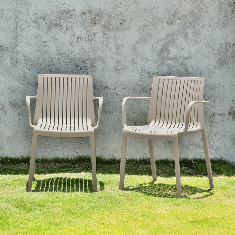 Set of Two Taupe Heavy Duty Plastic Outdoor Stacking Arm Chairs HomeRoots