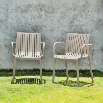 Set of Two Taupe Heavy Duty Plastic Outdoor Stacking Arm Chairs HomeRoots
