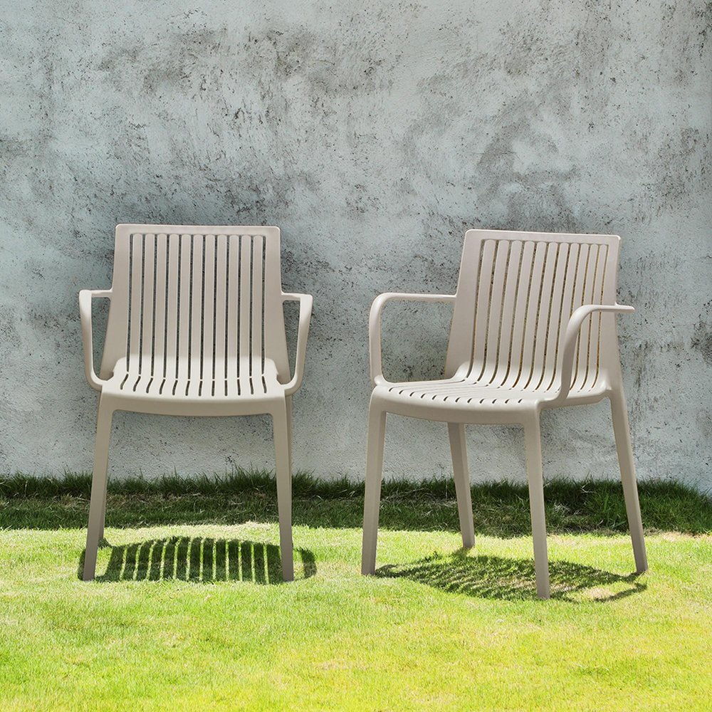 Set of Two Taupe Heavy Duty Plastic Outdoor Stacking Arm Chairs HomeRoots