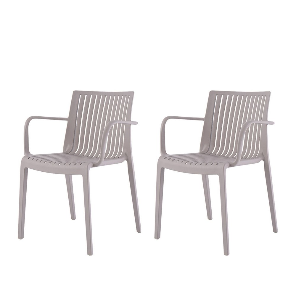 Set of Two Taupe Heavy Duty Plastic Outdoor Stacking Arm Chairs HomeRoots