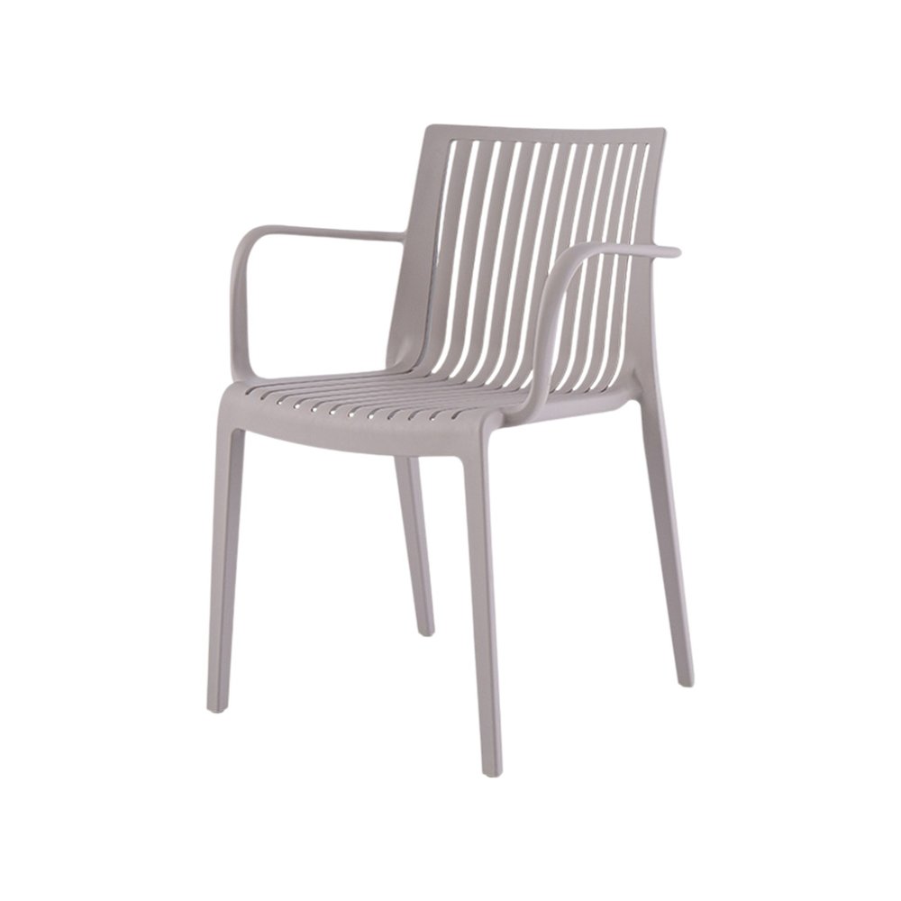 Set of Two Taupe Heavy Duty Plastic Outdoor Stacking Arm Chairs — view 4
