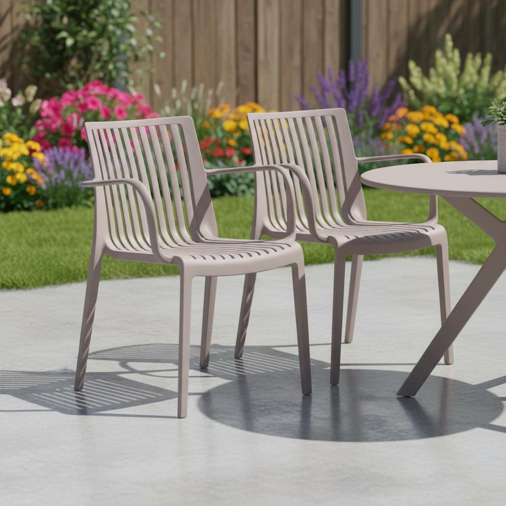 Set of Two Taupe Heavy Duty Plastic Outdoor Stacking Arm Chairs — view 2