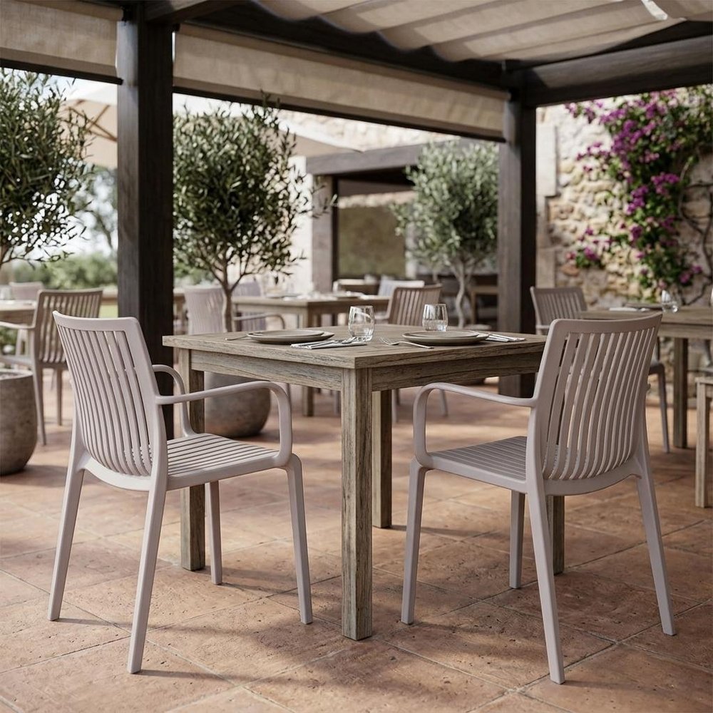 Set of Two Taupe Heavy Duty Plastic Outdoor Stacking Arm Chairs — view 1