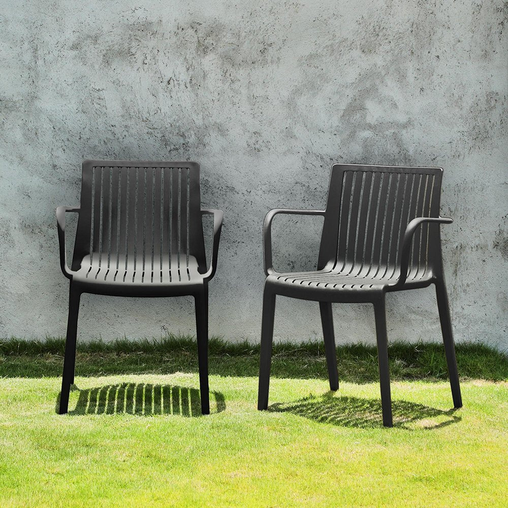 Set of Two Black Heavy Duty Plastic Outdoor Stacking Arm Chairs HomeRoots