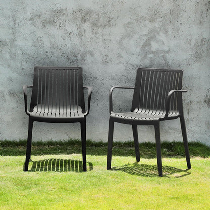 Set of Two Black Heavy Duty Plastic Outdoor Stacking Arm Chairs HomeRoots